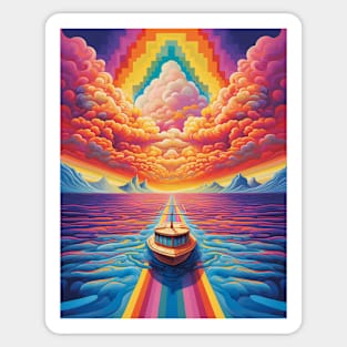 Tug Boat on Ocean under the Rainbow Sky Sticker